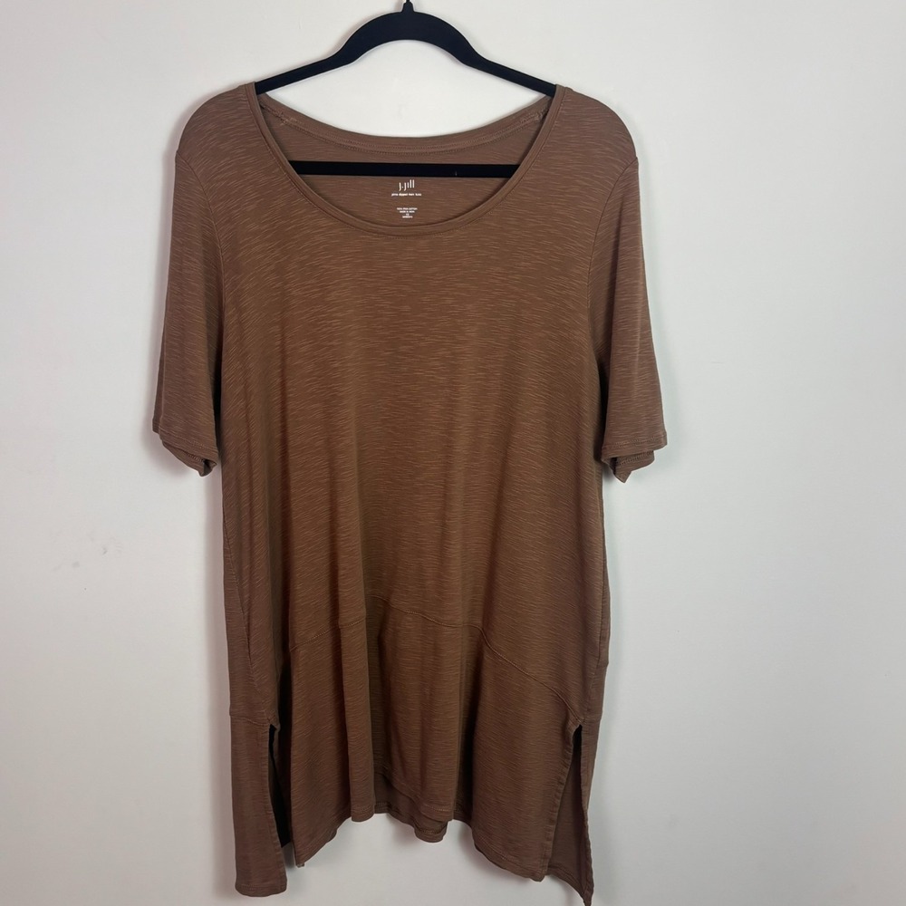 J.Jill Womens 100% Pima Cotton Scoop Neck Brown Dipped Hem Tunic Top  1X Stretch
